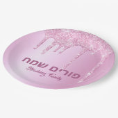 Hebreeuws Happy Purim Roze glitter Drip Papieren Bordje (Gekanteld)