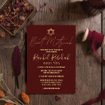 Hebreeuws Modern Simple Burgundy Red Bat Mitzvah Kaart<br><div class="desc">Deze elegante en stijlvolle uitnodiging van Bat Mitzvah is de perfecte keuze voor je dochter op haar speciale dag. Het is voorzien van een eenvoudig en modern faux goudtypografisch ontwerp met de ster van David op een rode achtergrond. Het toont ook douanetypografie van de naam van het Hebreeuws van uw...</div>