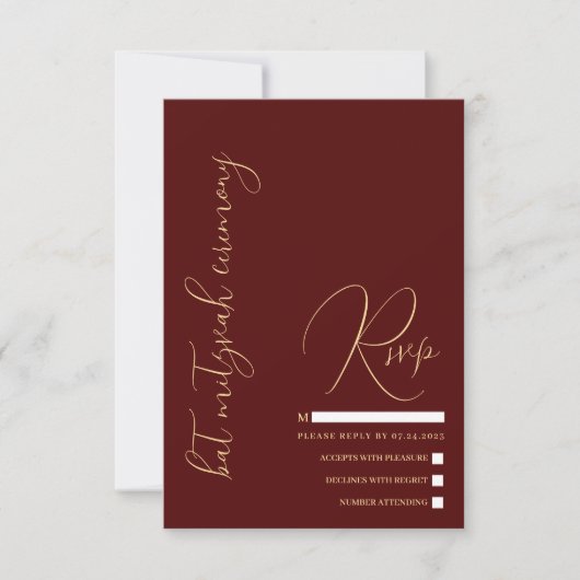 Hebreeuws Modern Simple Burgundy Red Bat Mitzvah RSVP Kaartje (Voorkant)