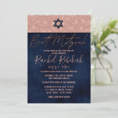 Hebreeuws Roos Gold Navy Glitter Paint Bat Mitzvah Kaart (Staand voorkant)