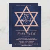 Hebreeuws Roos Goud Roze Navy Blue Star Bat Mitswa Kaart (Voorkant / Achterkant)