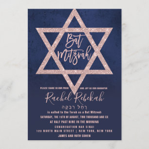 Hebreeuws Roos Goud Roze Navy Blue Star Bat Mitswa Kaart