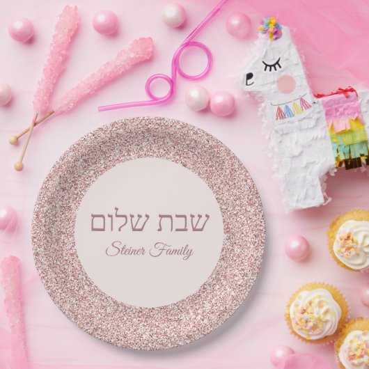 Hebreeuws Shabbat Shalom Elegant Roos Roze Glitter Papieren Bordje (Feest)