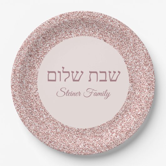 Hebreeuws Shabbat Shalom Elegant Roos Roze Glitter Papieren Bordje (Voorkant)