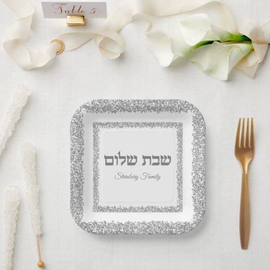 Hebreeuws Shabbat Shalom Elegant Silver Glitter Papieren Bordje (Huwelijk)