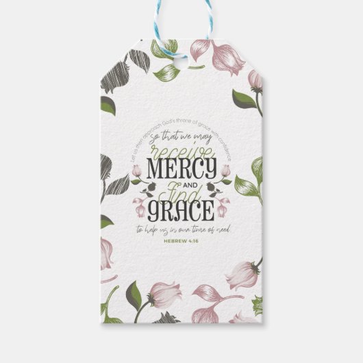 Hebreeuwse citaten van 4:16 met florale kunstwitte cadeaulabel (Voorkant)