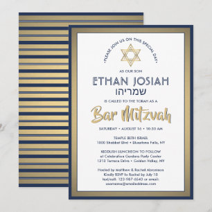 Hebreeuwse naam Bar Mitzvah Elegant Goud Wit & Mar Kaart