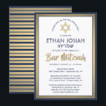 Hebreeuwse naam Bar Mitzvah Elegant Goud Wit & Mar Kaart<br><div class="desc">Nodig familie en vrienden uit voor een elegante bar mitswa ceremonie en feest met deze moderne marineblauwe, witte en faux gouden folie uitnodiging. Alle tekst is eenvoudig aan te passen, zodat het elke formulering met betrekking tot de service, Torah-lezing en partij kan bevatten. Design beschikt over Hebreeuwse en Engelse namen,...</div>