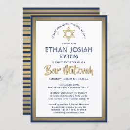 Hebreeuwse naam Bar Mitzvah Elegant Goud Wit & Mar Kaart