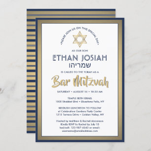 Hebreeuwse naam Bar Mitzvah Elegant Goud Wit & Mar Kaart