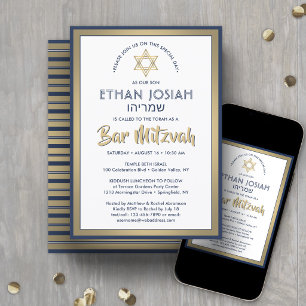 Hebreeuwse Naam Bar Mitzvah Elegant Goud Wit & Mar Kaart