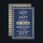 Hebreeuwse naam Bar Mitzvah Marine Blauw Wit Faux  Save The Date<br><div class="desc">Nodig familie en vrienden uit voor een elegante bar mitswa ceremonie en feest voor hem met deze marineblauwe, witte en faux gouden folie bewaar de datumuitnodiging. Alle tekst is eenvoudig aan te passen, zodat het elke formulering met betrekking tot de service, Torah-lezing en partij kan bevatten. Design heeft namen in...</div>