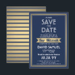 Hebreeuwse naam Bar Mitzvah Marine Blauw Wit Faux  Save The Date<br><div class="desc">Nodig familie en vrienden uit voor een elegante bar mitswa ceremonie en feest voor hem met deze marineblauwe, witte en faux gouden folie bewaar de datumuitnodiging. Alle tekst is eenvoudig aan te passen, zodat het elke formulering met betrekking tot de service, Torah-lezing en partij kan bevatten. Design heeft namen in...</div>