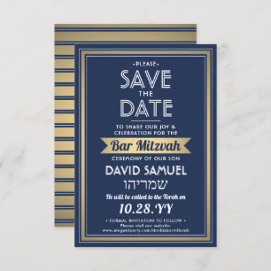 Hebreeuwse naam Bar Mitzvah Marine Blauw Wit Faux  Save The Date