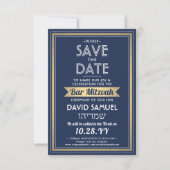 Hebreeuwse naam Bar Mitzvah Marine Blauw Wit Faux  Save The Date (Voorkant)