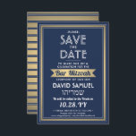 Hebreeuwse naam Bar Mitzvah Marine Blauw Wit Faux  Save The Date<br><div class="desc">Nodig familie en vrienden uit voor een elegante bar mitswa ceremonie en feest voor hem met deze marineblauwe, witte en faux gouden folie bewaar de datumuitnodiging. Alle tekst is eenvoudig aan te passen, zodat het elke formulering met betrekking tot de service, Torah-lezing en partij kan bevatten. Design heeft namen in...</div>