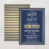 Hebreeuwse naam Bar Mitzvah Marine Blauw Wit Faux  Save The Date (Voorkant / Achterkant)