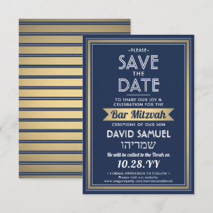 Hebreeuwse naam Bar Mitzvah Marine Blauw Wit Faux  Save The Date