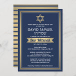 Hebreeuwse naam Bar Mitzvah Marine Blauw Wit & Gou Kaart<br><div class="desc">Nodig familie en vrienden uit voor een elegante bar mitswa ceremonie en feest voor hem met deze marineblauwe, witte en faux gouden folie uitnodiging. Alle tekst is eenvoudig aan te passen, zodat het elke formulering met betrekking tot de service, Torah-lezing en partij kan bevatten. Design beschikt over Hebreeuwse en Engelse...</div>