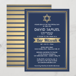 Hebreeuwse naam Bar Mitzvah Marine Blauw Wit & Gou Kaart