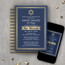 Hebreeuwse naam Bar Mitzvah Navyblauw Wit & Goud