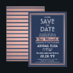 Hebreeuwse naam Bat Mitswa Navy Blue Pink Rose Gol Save The Date<br><div class="desc">Nodig familie en vrienden uit voor een elegante bat mitswa ceremonie en viering voor haar met deze marineblauwe, witte en roze roségoud behalve de datum uitnodiging. Alle tekst is eenvoudig aan te passen, dus het kan elke formulering met betrekking tot de dienst, Torah lezen en partij bevatten. Het ontwerp is...</div>