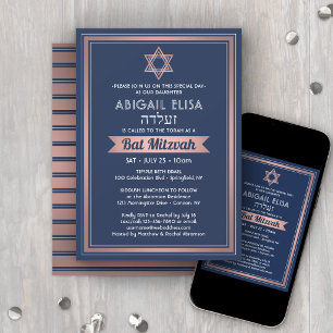 Hebreeuwse Naam Bat Mitzvah Navy Blauwe Roze Roos Kaart