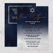 Hebrew Gold Navy Blue White Watercolor Bar Mitzvah Kaart (Voorkant / Achterkant)