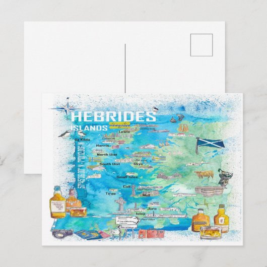 Hebriden Islands Illustrated Travel Map Briefkaart (Voorkant / Achterkant)