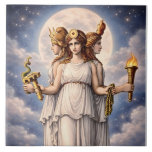 Hecate Triple Goddess Celestial Moon Art – myth Tegeltje<br><div class="desc">This striking celestial illustration depicts Hecate, the powerful triple-formed goddess of Greek mythology. Standing beneath a luminous full moon and star-filled night sky, Hecate appears in her traditional three-faced form representing the mysteries of the crossroads, the night, and the unseen realms. Each aspect of the goddess holds sacred symbols associated...</div>