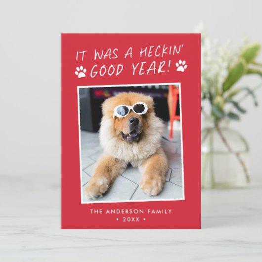 Heckin 'Goed Jaar Leuke Hond Foto Feestdagenkaart (Staand voorkant)