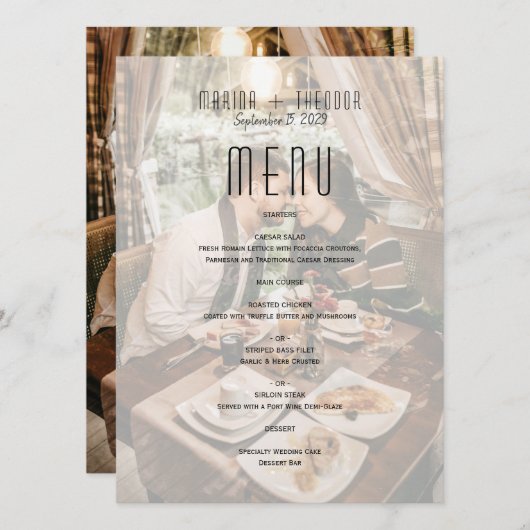Hedendaags bruiloftsmenu voor de receptie met foto menu (Voorkant / Achterkant)