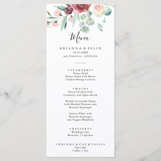 Hedendaags Eucalyptus Bloemendiner Menu (Voorkant)