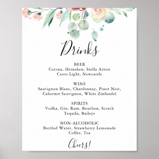 Hedendaags Eucalyptus Bruiloftsdranken Menu Bord Poster (Voorkant)