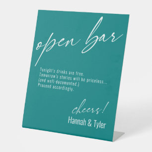 Hedendaags Handgeschreven Grappige Open Bar Teal Reclamebord Met Voetstuk