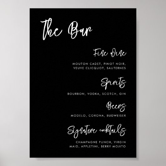Hedendaags modern zwart Wedding Bar menu Poster (Voorkant)