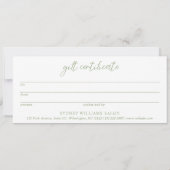 Hedendaags Sage Groen Modern Cadeaubon (Achterkant)