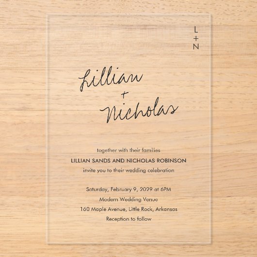 Hedendaags Script Moderne bruiloft Acryl Uitnodigingen (Voorkant)