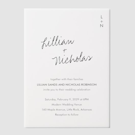 Hedendaags Script Moderne bruiloft Vellum Uitnodigingen (Voorkant)