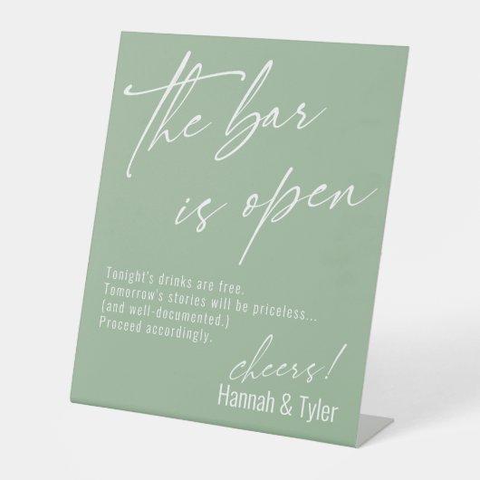 Hedendaags script Sagegroen De bar is open Reclamebord Met Voetstuk (Voorkant)