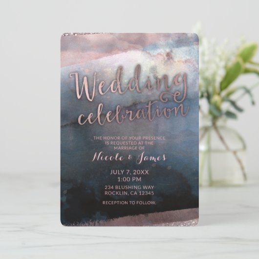 Hedendaags waterverf blauw & roze goud roze bruilo kaart (Staand voorkant)