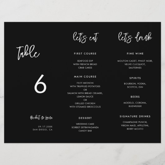 Hedendaags Zwart Menu & Tafelnummer trifold (Voorkant)