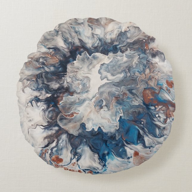 Hedendaagse Abstract Blauw Brons Grijs Cream Rond Kussen (Voorkant)