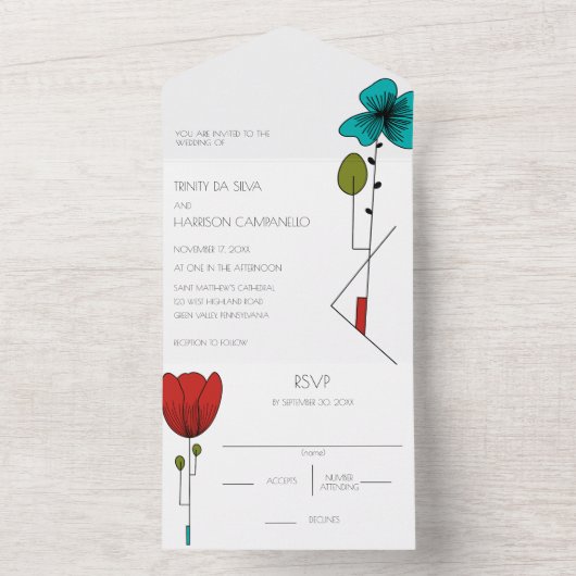 Hedendaagse Art Noveau Bloemenbruiloft All In One Uitnodiging (Binnen)