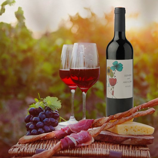 Hedendaagse Art Noveau Bloemenbruiloft Wijn Etiket