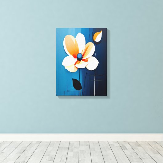 Hedendaagse blauwe en Oranje bloemenkunst Canvas Afdruk (Insitu (Houten vloer))