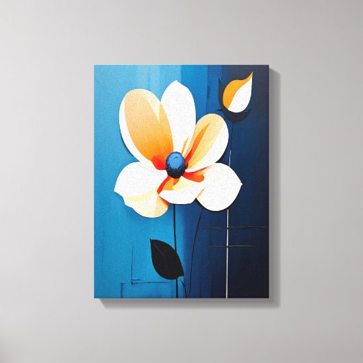 Hedendaagse blauwe en Oranje bloemenkunst Canvas Afdruk (Voorkant)