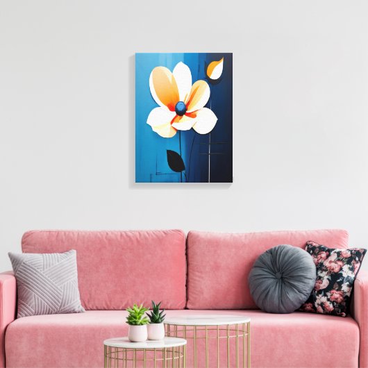 Hedendaagse blauwe en Oranje bloemenkunst Canvas Afdruk (Insitu (Woonkamer))