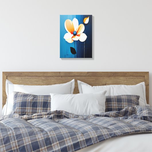 Hedendaagse blauwe en Oranje bloemenkunst Canvas Afdruk (Insitu (Slaapkamer))