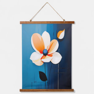 Hedendaagse blauwe en Oranje bloemenkunst Hangend Wandkleed